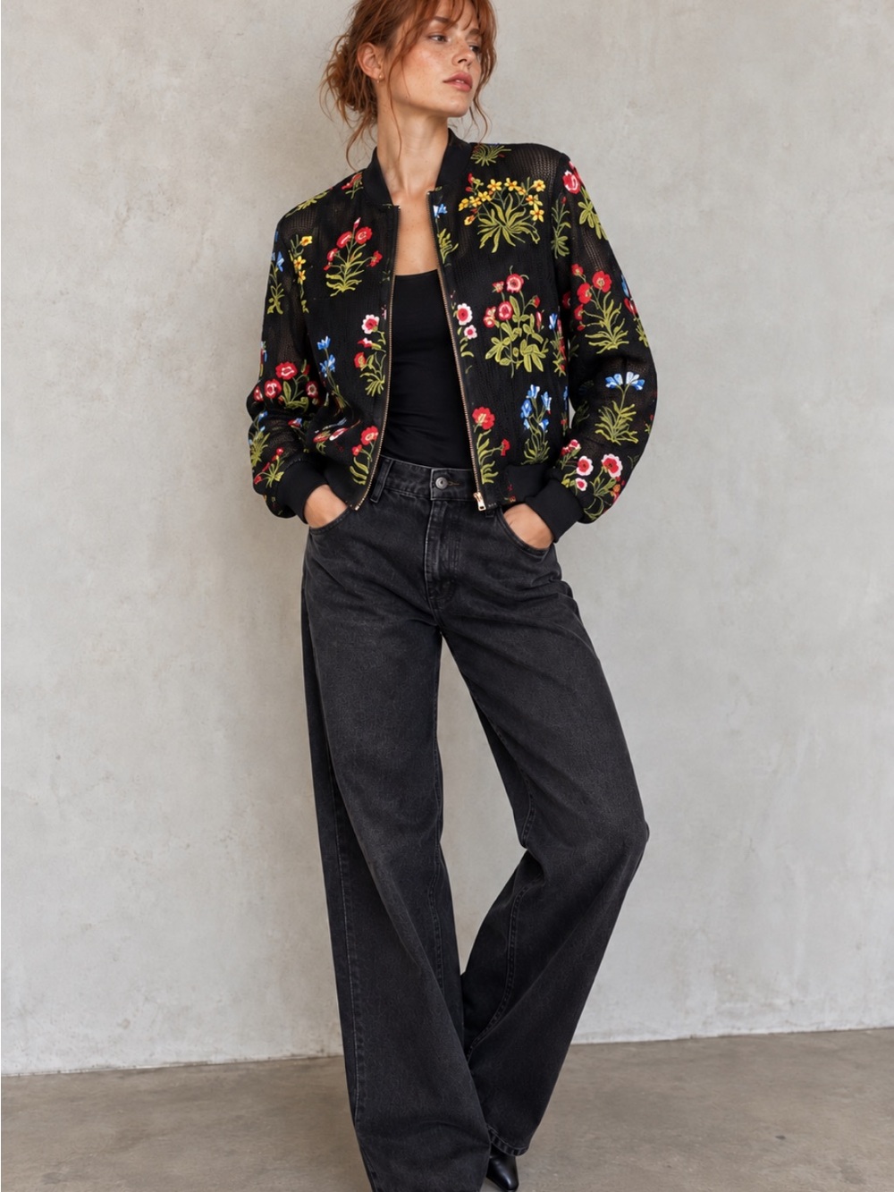 Luna Moon Embroidered Floral Mesh Bomber Jacket Black Size M